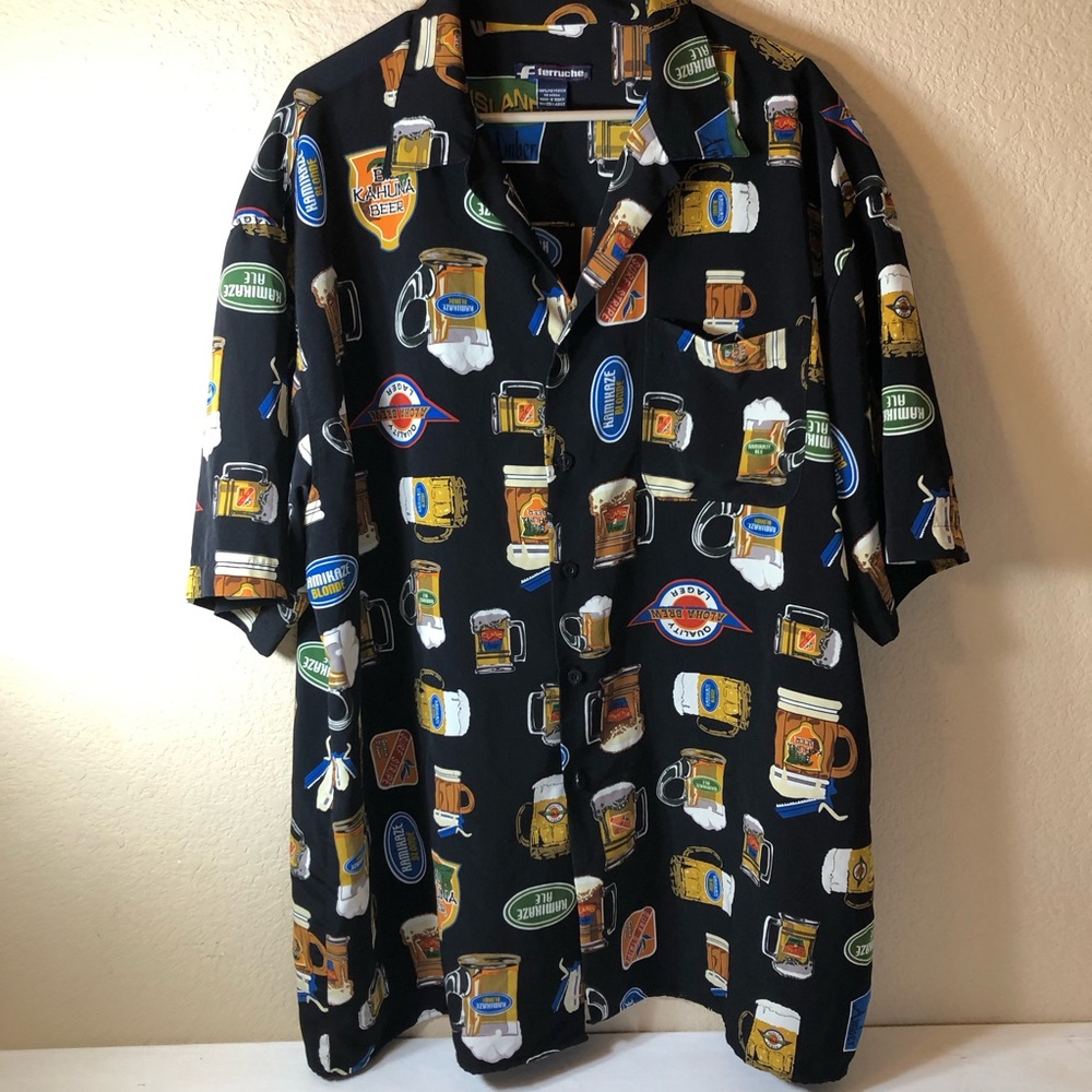 Vintage Ferruche Black Beer-Print Short-Sleeve Button Front Shirt, XX Large,